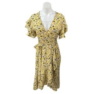 Max Studio Yellow Floral Ruffle Flutter Short Sleeve Hi-Low Midi Wrap Dress XS
